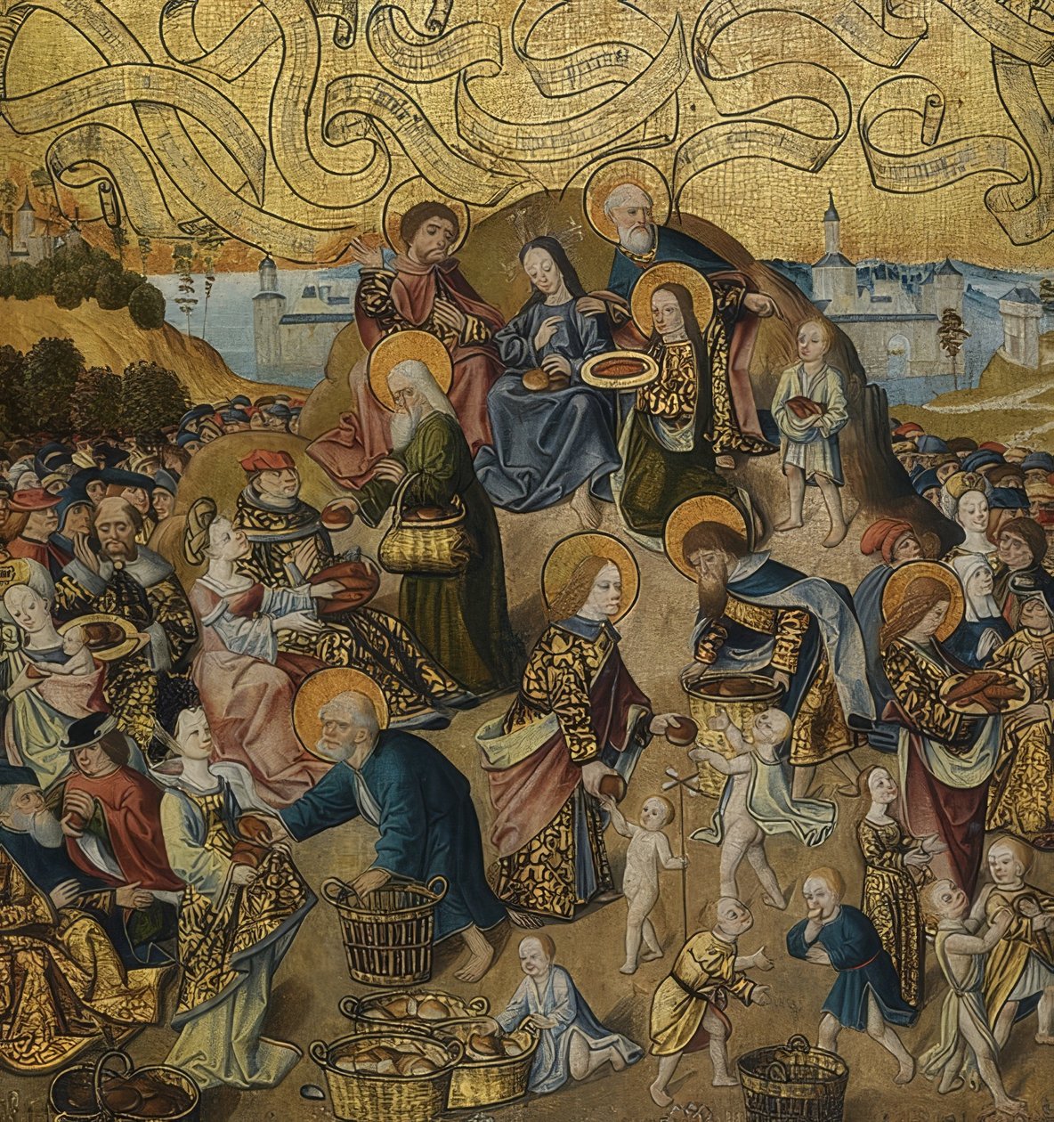 Cud pięciu chlebów i dwóch ryb. Około 1500 autorstwa German School