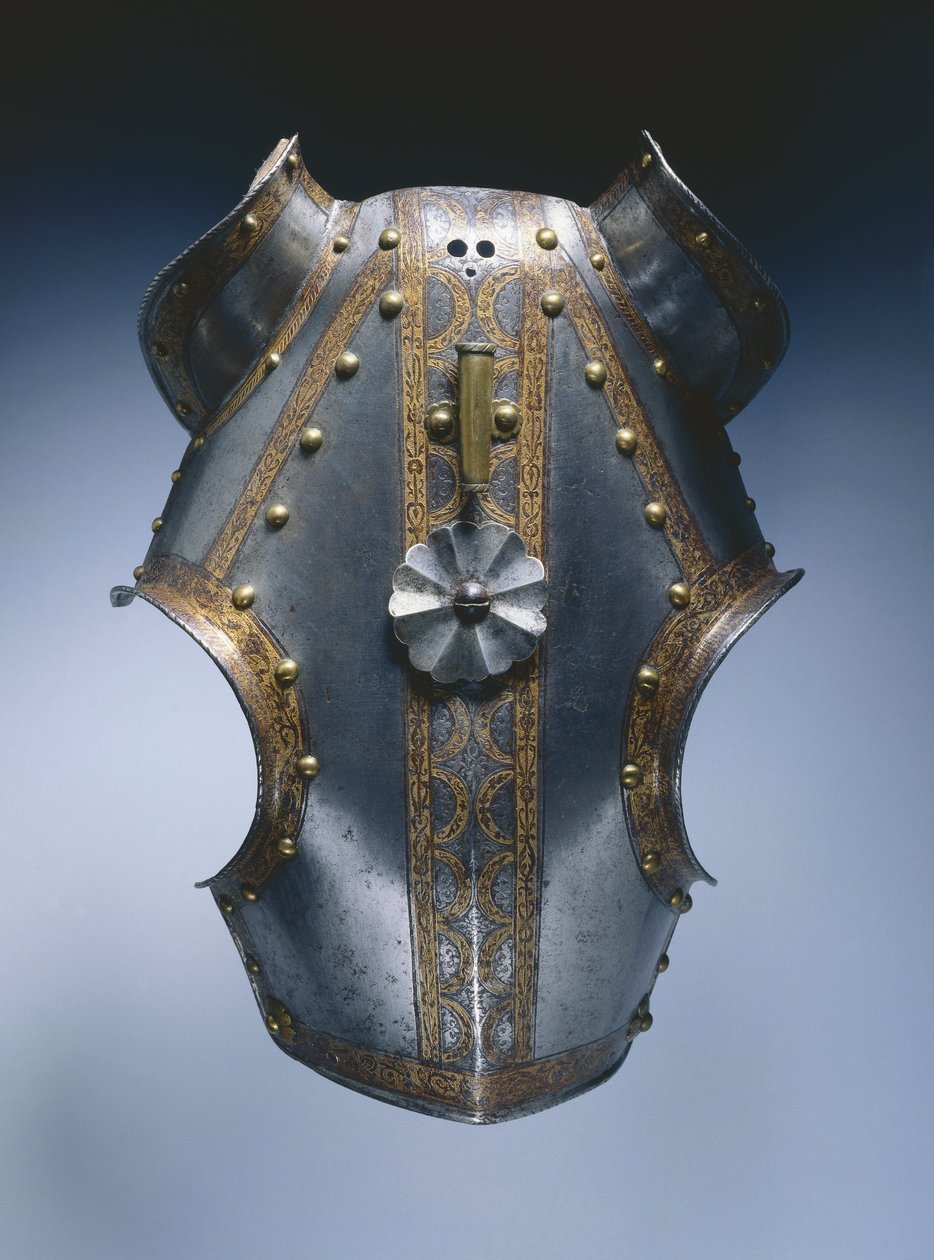Demi-chanfron, Augsburg, ok. 1550 (stal trawiona i pozłacana ze skórą) autorstwa German School