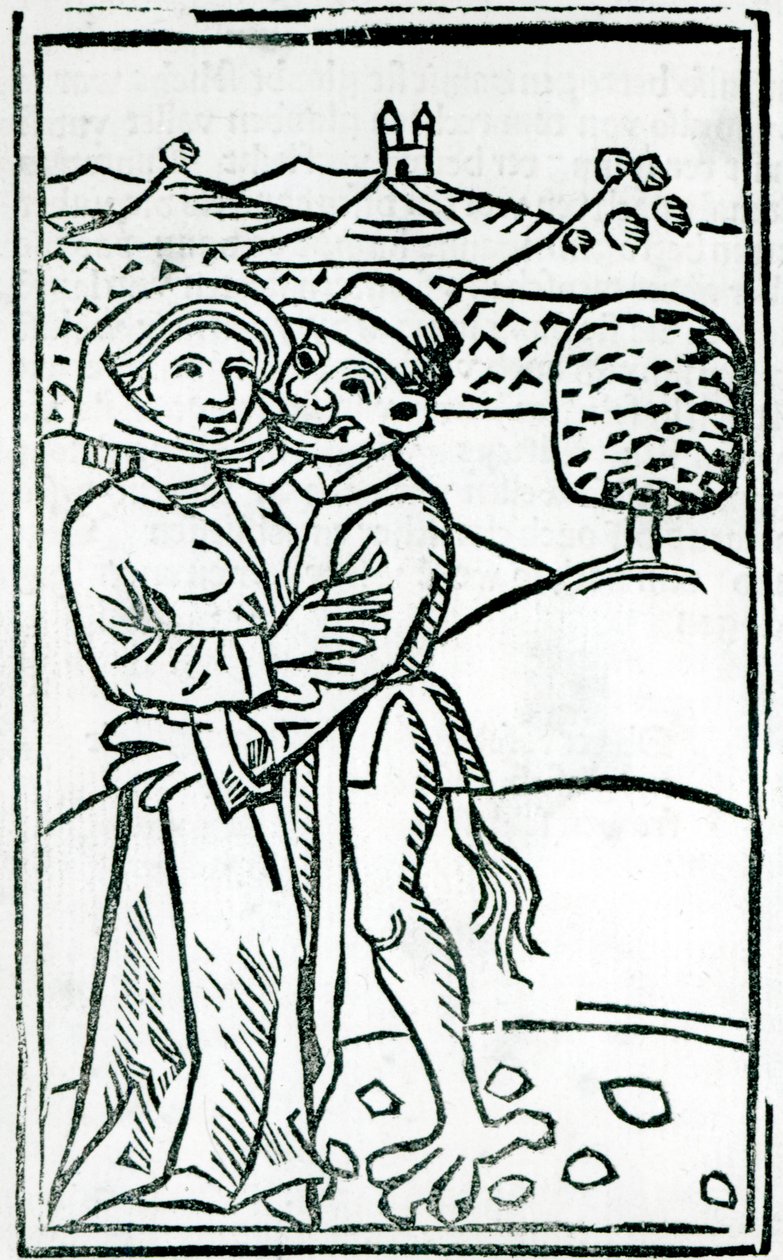 Demon kochający się z wiedźmą (drzeworyt) autorstwa German School