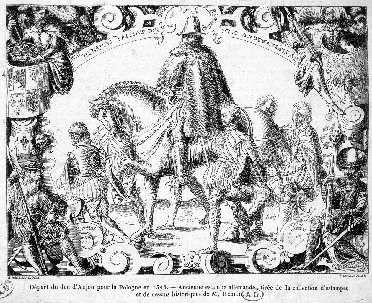 Wyjazd księcia Andegaweńskiego do Polski w 1573 r. (wybrany na króla Polski, wejdzie w posiadanie korony) - Starodawna grafika niemiecka z kolekcji grafik i rysunków historycznych pana Hennina. autorstwa German School