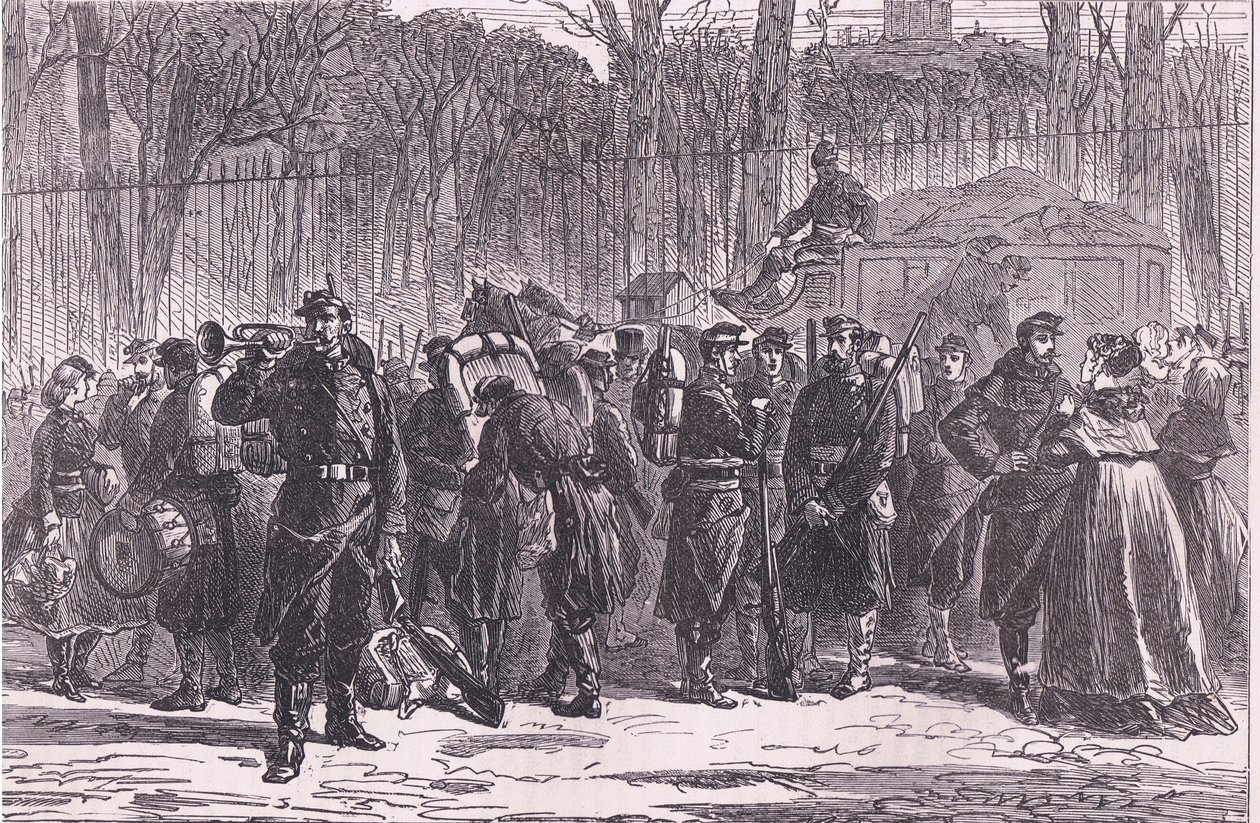 Wyjazd 10. Pułku Gwardii Narodowej do wysuniętych stanowisk, Cassells History of the War between France and Germany opublikowany przez Cassell and Company Limited, c.1890 (lito) autorstwa German School