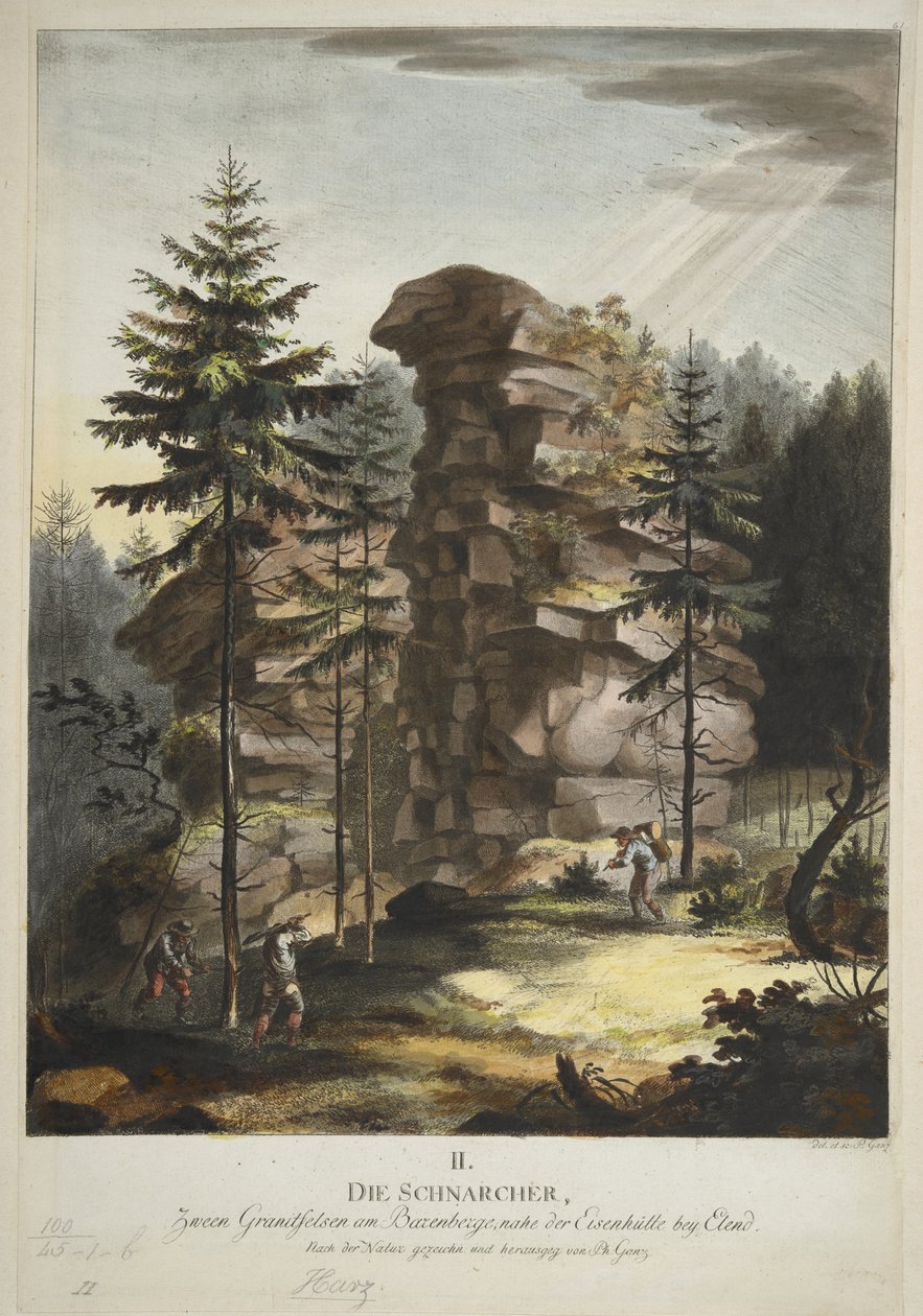 „Der Hübichenstein”, „Cztery widoki w lesie Harz”, Philipp Ganz, ok. 1770-90 (akwaforta ręcznie kolorowana) autorstwa German School