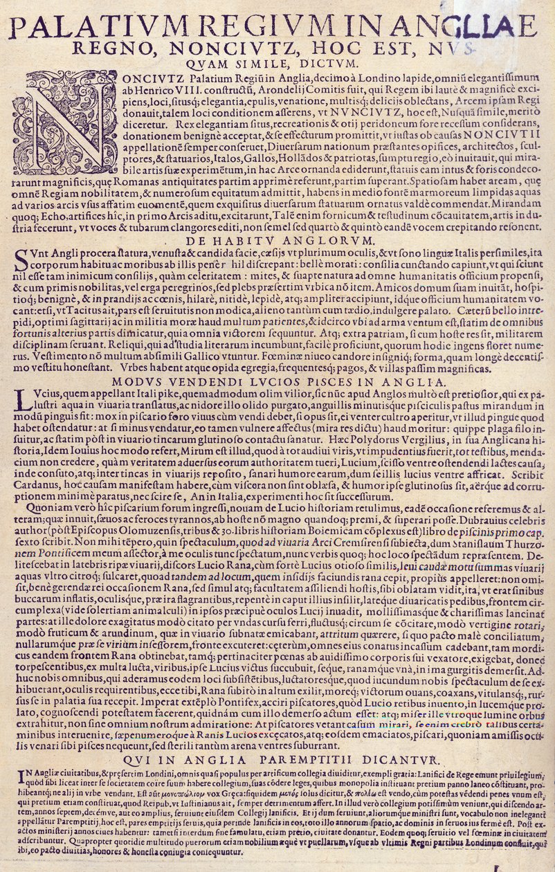 Opis Pałacu Nonesuch, Anglików, ich wyglądu i obyczajów, sposobu sprzedaży ryb w Anglii oraz opis systemu praktyk zawodowych, 1598 (papier drukowany) (patrz także 3 autorstwa German School