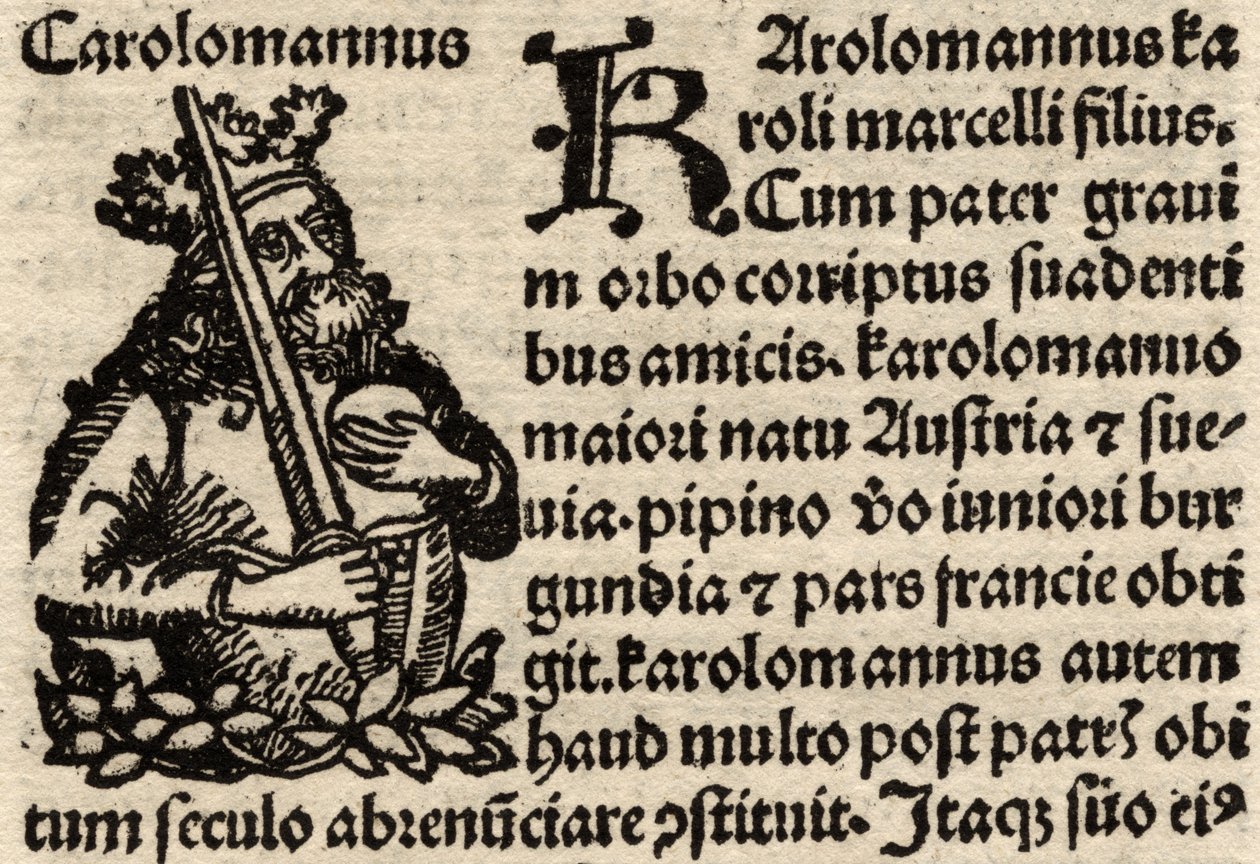 Fragment oryginalnego liścia inkunabu, przedstawiający Karola Wielkiego (742-814) sprzed 1500 roku (zob. też 237071) autorstwa German School