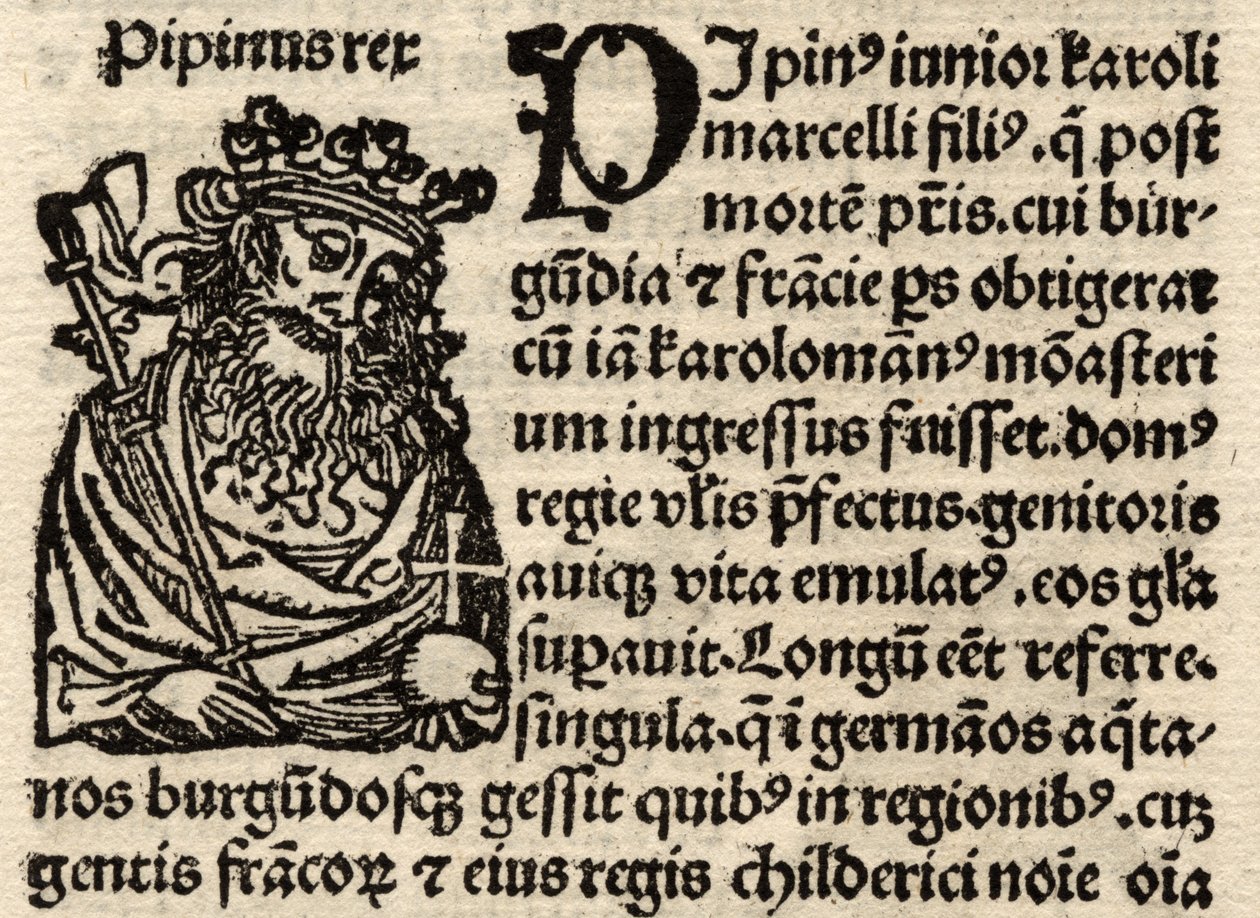Fragment oryginalnego liścia inkunabu, przedstawiający Pepin I (803-38) przed 1500 (patrz także 237070) autorstwa German School