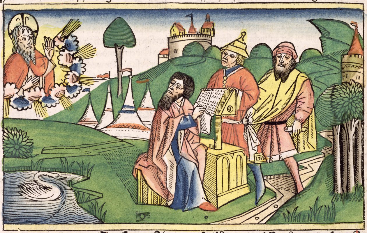 Powtórzonego Prawa: Frontyspis, w którym Bóg ustanawia Prawa, z Biblii Norymberskiej (Biblia Sacra Germanaica) (kolorowy drzeworyt) autorstwa German School