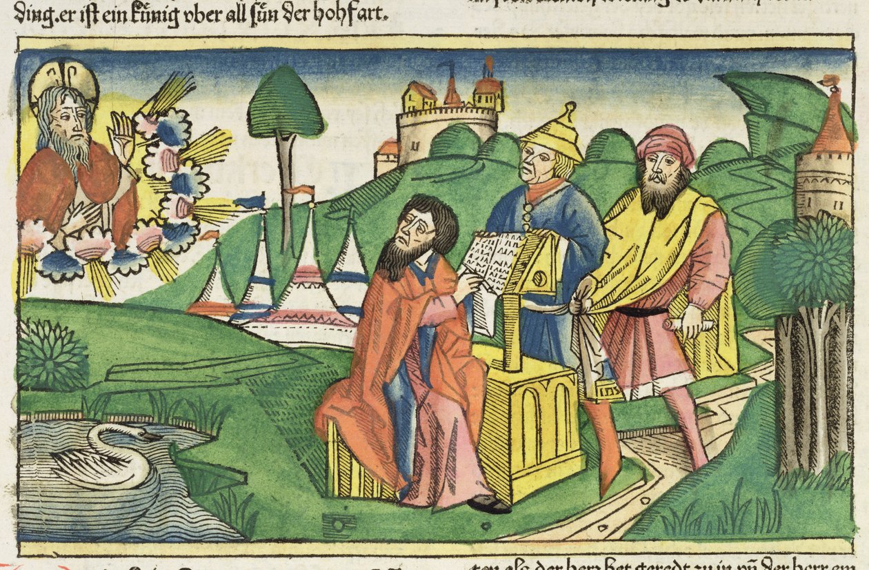Powtórzonego Prawa: Frontyspis, w którym Bóg ustanawia Prawa, z Biblii Norymberskiej (Biblia Sacra Germanaica) (kolorowy drzeworyt) autorstwa German School