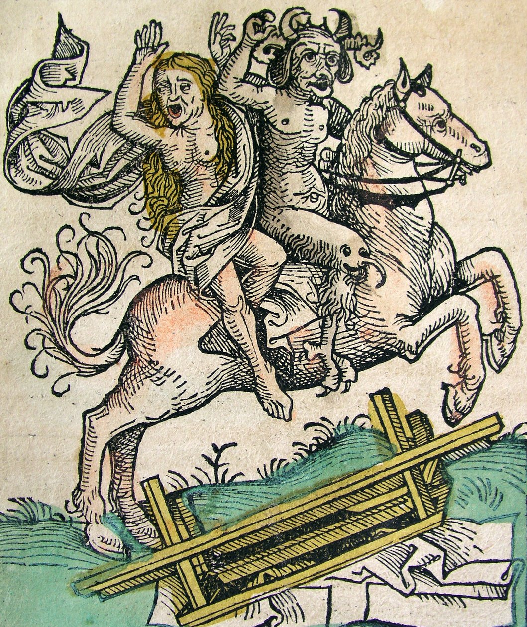 Diabeł i kobieta na koniu, opublikowane w Kronice norymberskiej, 1493 autorstwa German School