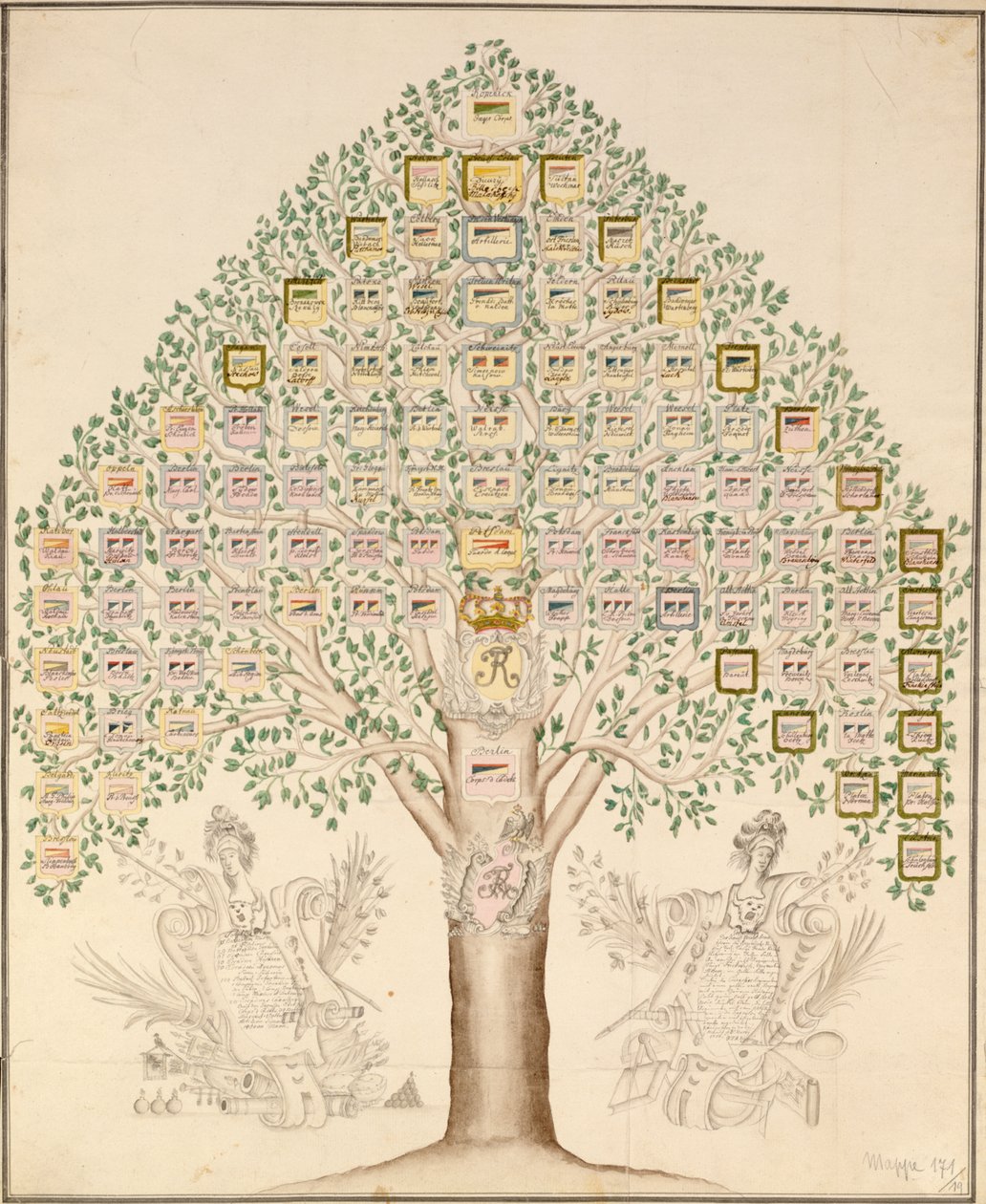 Schemat 97 stacji pułków, które tworzyły Królewską Armię Pruską, 1756 (pióro, atrament i toaleta na papierze) autorstwa German School