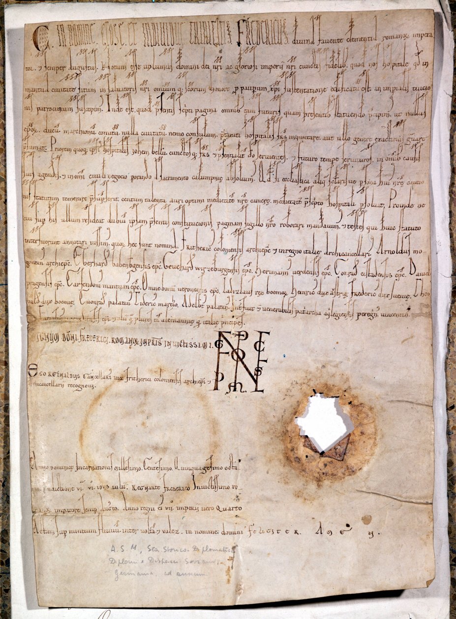 Dyplom dla szpitala w Mantui z dnia 10 lipca 1158. Dokument podpisuje cesarz niemiecki Fryderyk I Barberossa (1122 - 1190). Archiwum Narodowe w Mediolanie. autorstwa German School