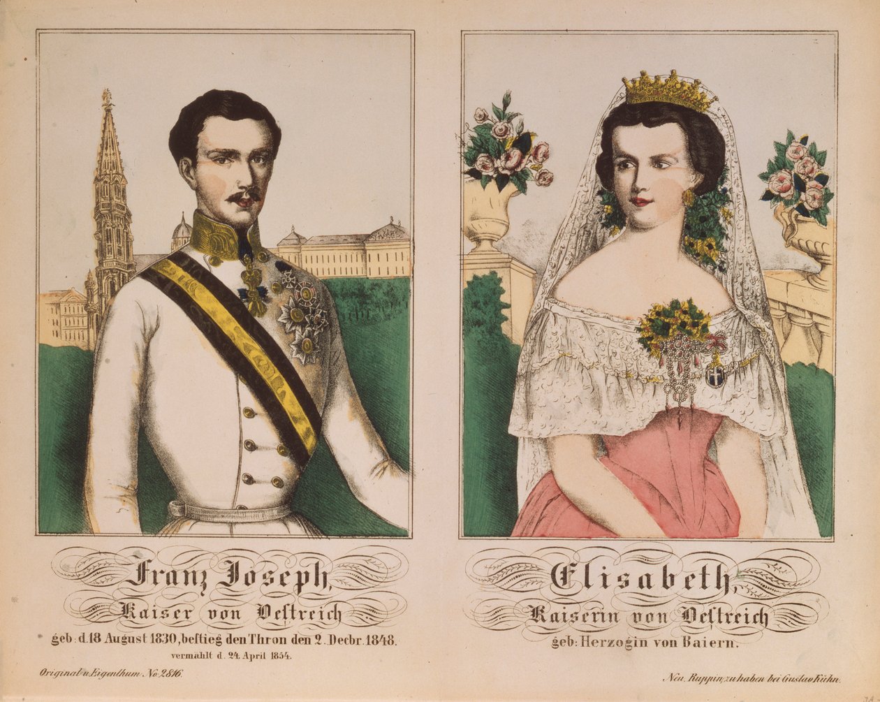 Podwójny portret cesarza Franciszka Józefa I z Austrii i cesarzowej Elżbiety, z Neuruppiner Bilderbogen, 1854 autorstwa German School