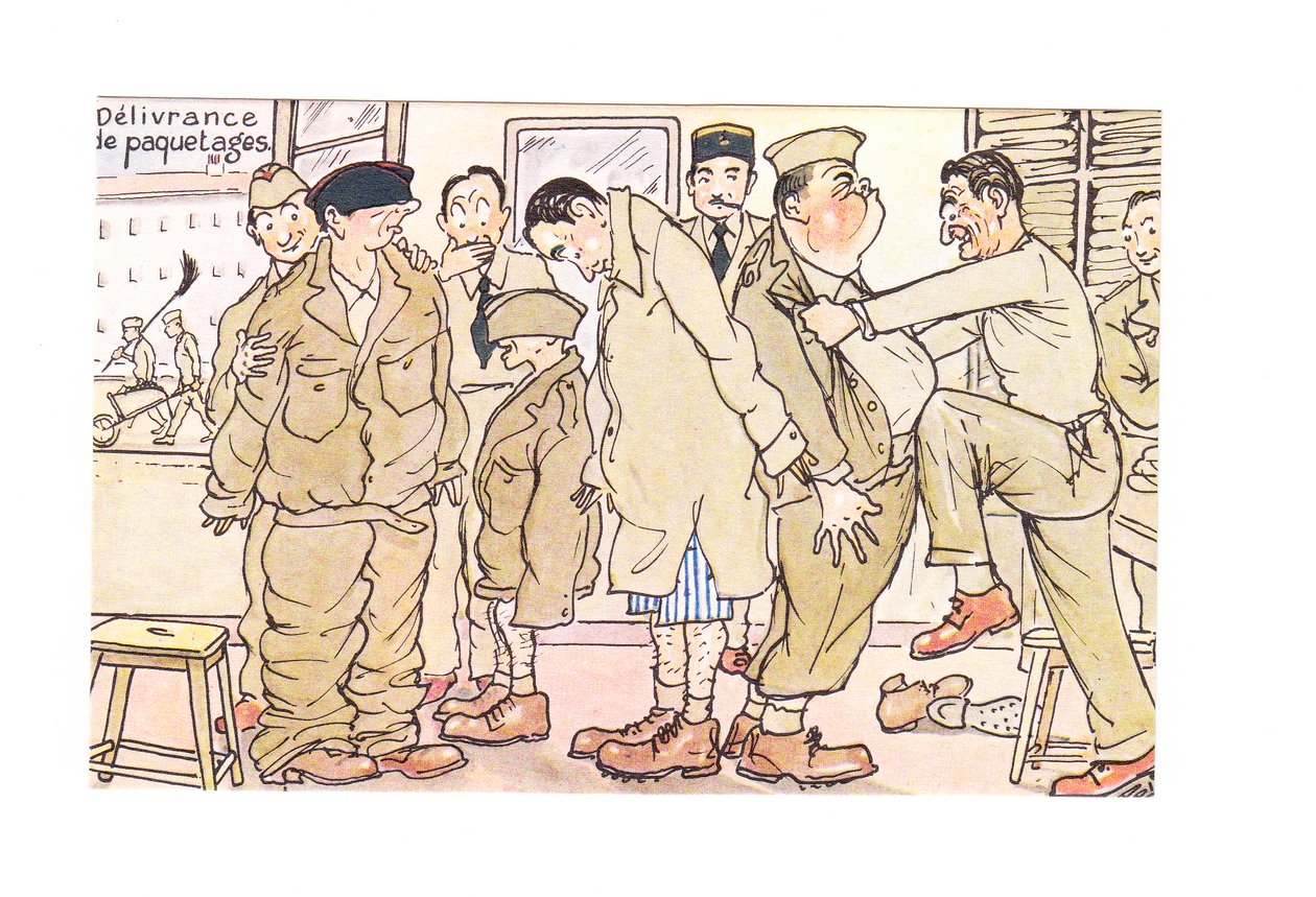 Edwardiańska pocztówka humorystyczna przedstawiająca nowych rekrutów przebadanych na posterunku wojskowym, ok. 1910 (kolor lito) autorstwa German School