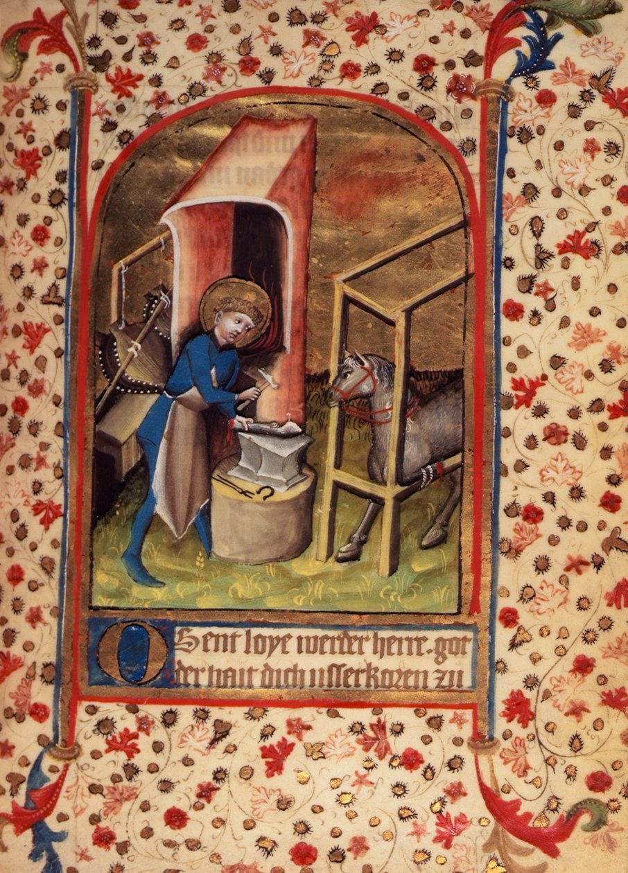 Egerton 859 fol.17 św. Eligius (588-660) podkuwanie konia, z „Modlitwy do świętych” (welum) autorstwa German School