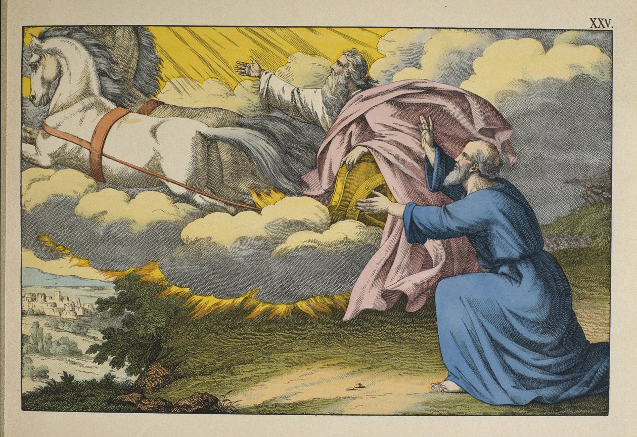 Eliasz wstępuje do nieba w wirze, pozostawiając swojego ucznia Elizeusza, aby kontynuował swoją pracę, ilustracja z Lancien Testament, wydana przez Jakoba Ferdinanda Schreibera, Esslingen (kolorowe grawerowanie) autorstwa German School