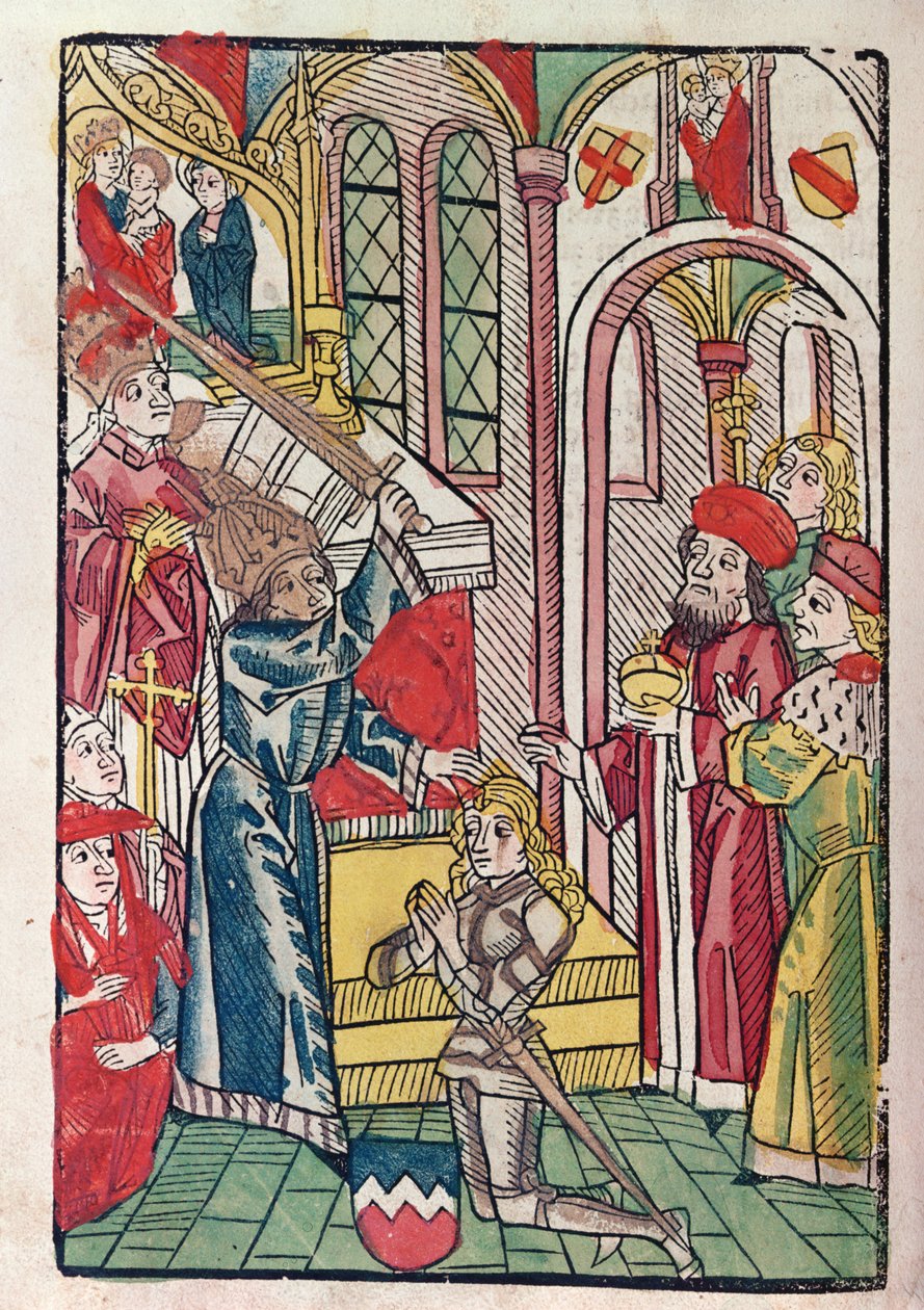 Cesarz Zygmunt (1367-1437) Luksemburczyk dubbingujący rycerza (kolorowy drzeworyt) autorstwa German School