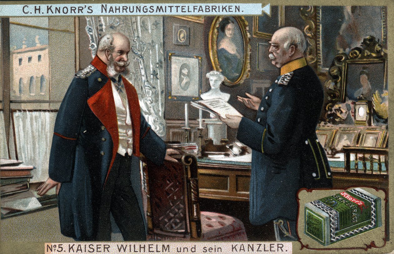 Cesarz Niemiec i Prus Wilhelm I (1797-1888) oraz kanclerz Otto von Bismarck (1815-1898) omawiają kwestie polityczne. Chromolitografia, koniec XIX wieku. autorstwa German School