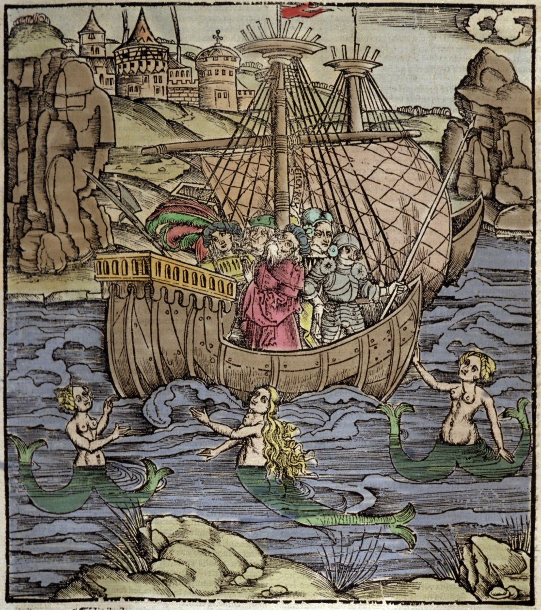 Eneida Wergiliusza (70 pne-19 pne), trojański bohater Enee i jego towarzysze przeprawiają się przez morze pełne syren. Ksylografia Sebastiana Branta (1458-1521). Strasburg autorstwa German School