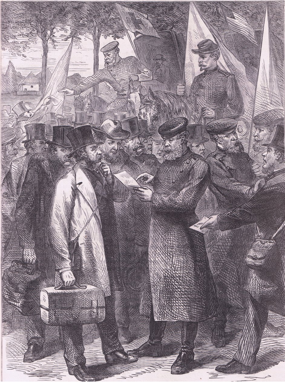 Angielscy mieszkańcy opuszczający Paryż, Cassells History of the War between France and Germany opublikowany przez Cassell and Company Limited, c.1890 (lito) autorstwa German School