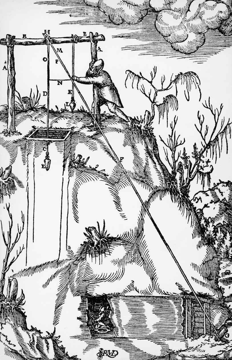 Grawer z De re metallica (O naturze metali), Georga Pawera lub Georgiusa Agricoli (1494-1555), opublikowanego w Bazylei autorstwa German School