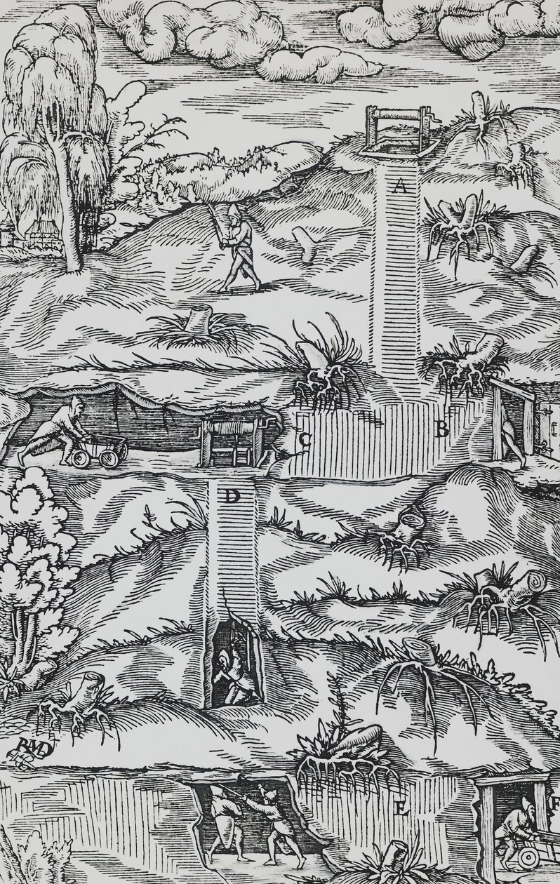 Grawer z De re metallica (O naturze metali), Georga Pawera lub Georgiusa Agricoli (1494-1555), opublikowanego w Bazylei autorstwa German School