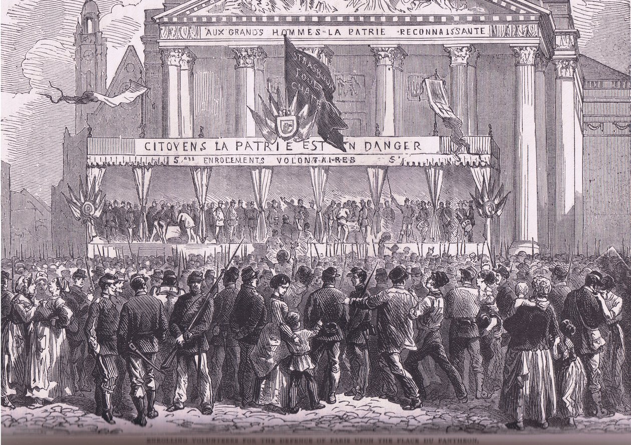 Zapisywanie ochotników do obrony Paryża, Cassells History of the War between France and Germany wydane przez Cassell and Company Limited, c.1890 (lito) autorstwa German School