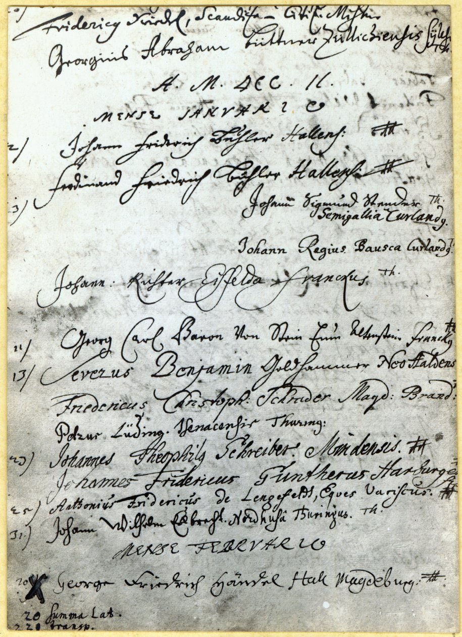 Wpis do ewidencji Uniwersytetu Halle z nazwiskiem Haendla, 1702 autorstwa German School