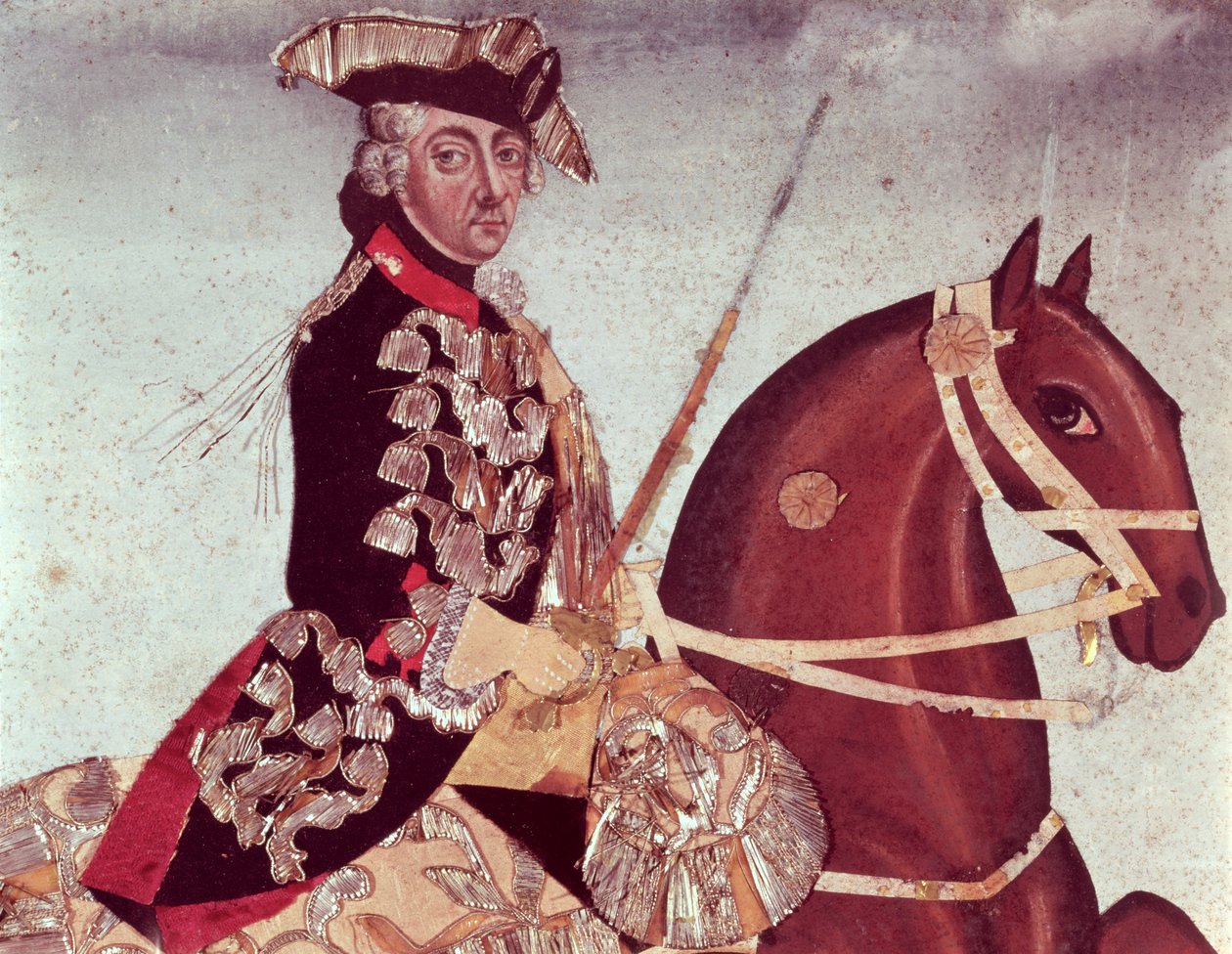 Portret konny króla pruskiego Fryderyka Wielkiego (1712-86) (wc i złota nić na papierze) autorstwa German School
