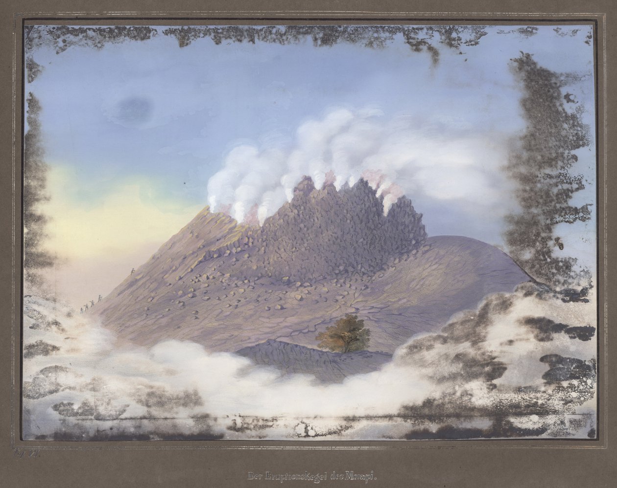 Erupcja na wulkanie Merapi z widokiem na wschodni koniec krateru, listopad 1836, pl.VI z Atlasu topograficznego i naukowego na temat podróży przez Jawę, autorstwa dr. Pani Junghuhn, Magdebu autorstwa German School