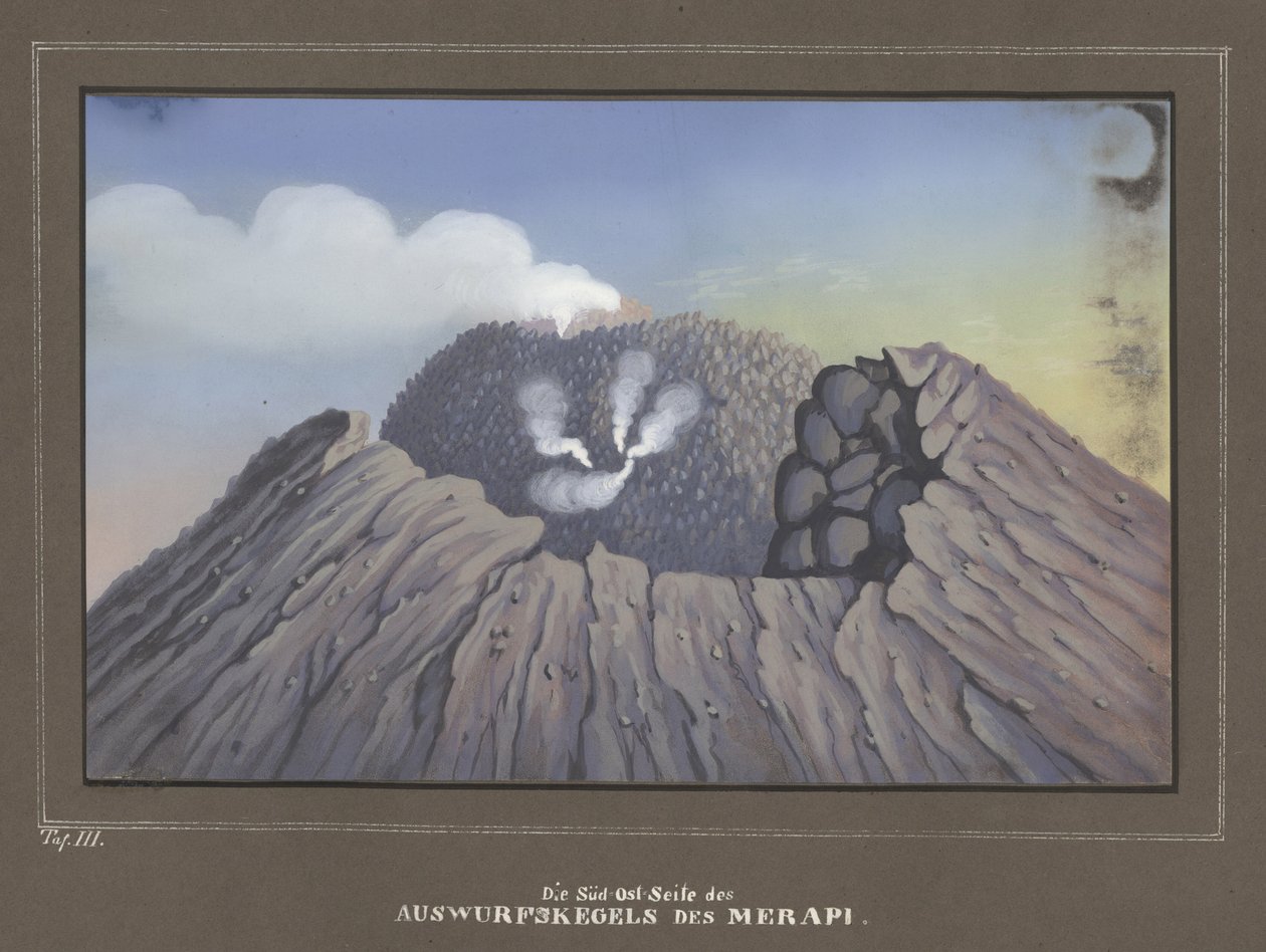 Erupcja z Góry Merapi, Pl.III, atlas topograficzno-naukowy na podróż przez Jawę, dr.Fr.Junghuhn, Magdeburg 1845 autorstwa German School
