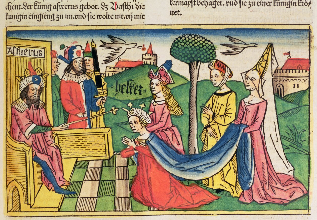 Estera 2 15-18, Estera została wybrana na Królową przez króla perskiego Aswerusa, z Biblii Norymberskiej (Biblia Sacra Germanaica) (kolorowy drzeworyt) autorstwa German School