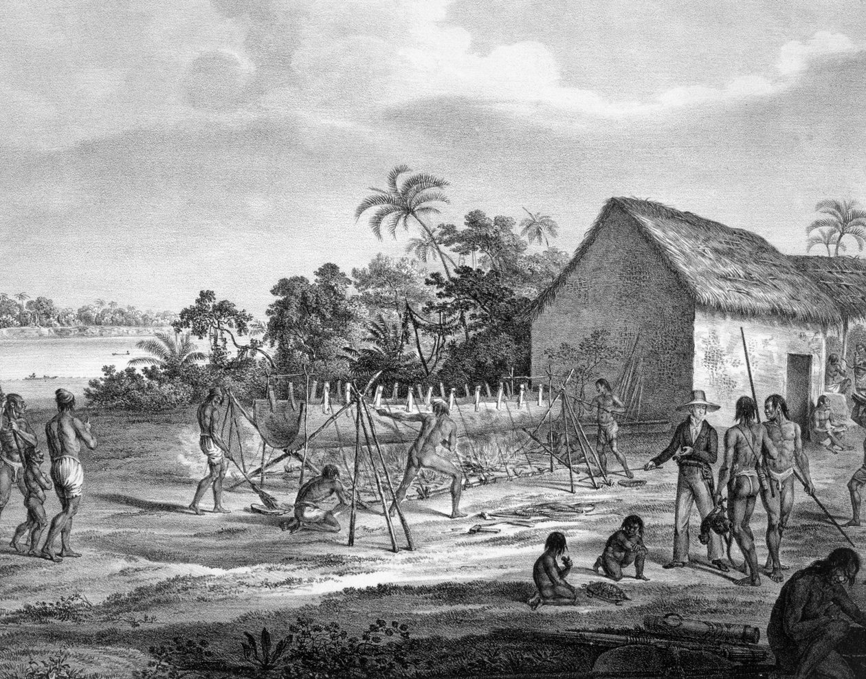 Europejski handel wymienny w porcie rzecznym plemienia Miranhas, Amiro Japara, ilustracja z Atlasu podróży w Brazylii autorstwa German School