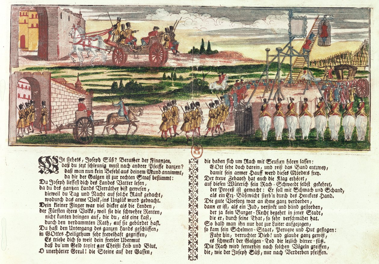 Egzekucja Josepha Süssa Oppenheimera w 1738 r. (kolorowy drzeworyt) autorstwa German School