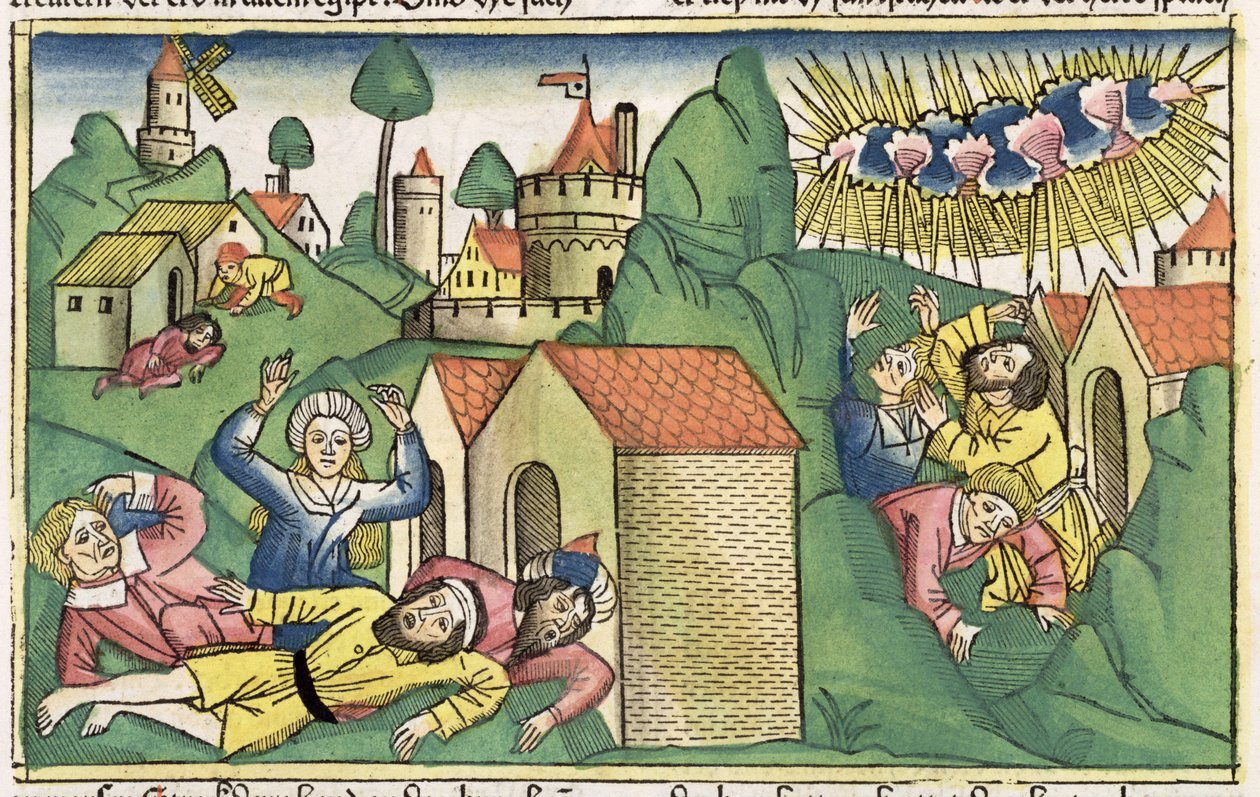 Wyjścia 11 1-10 Siedem plag egipskich: śmierć najstarszych synów, z Biblii Norymberskiej (Biblia Sacra Germanaica) (kolorowy drzeworyt) autorstwa German School