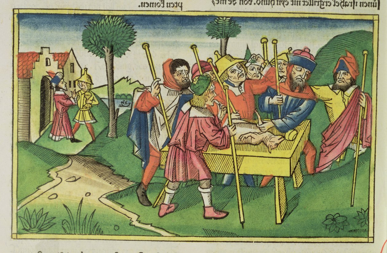Wyjścia 12 Pierwsza Pascha, z Biblii Norymberskiej (Biblia Sacra Germanaica) (kolorowy drzeworyt) autorstwa German School