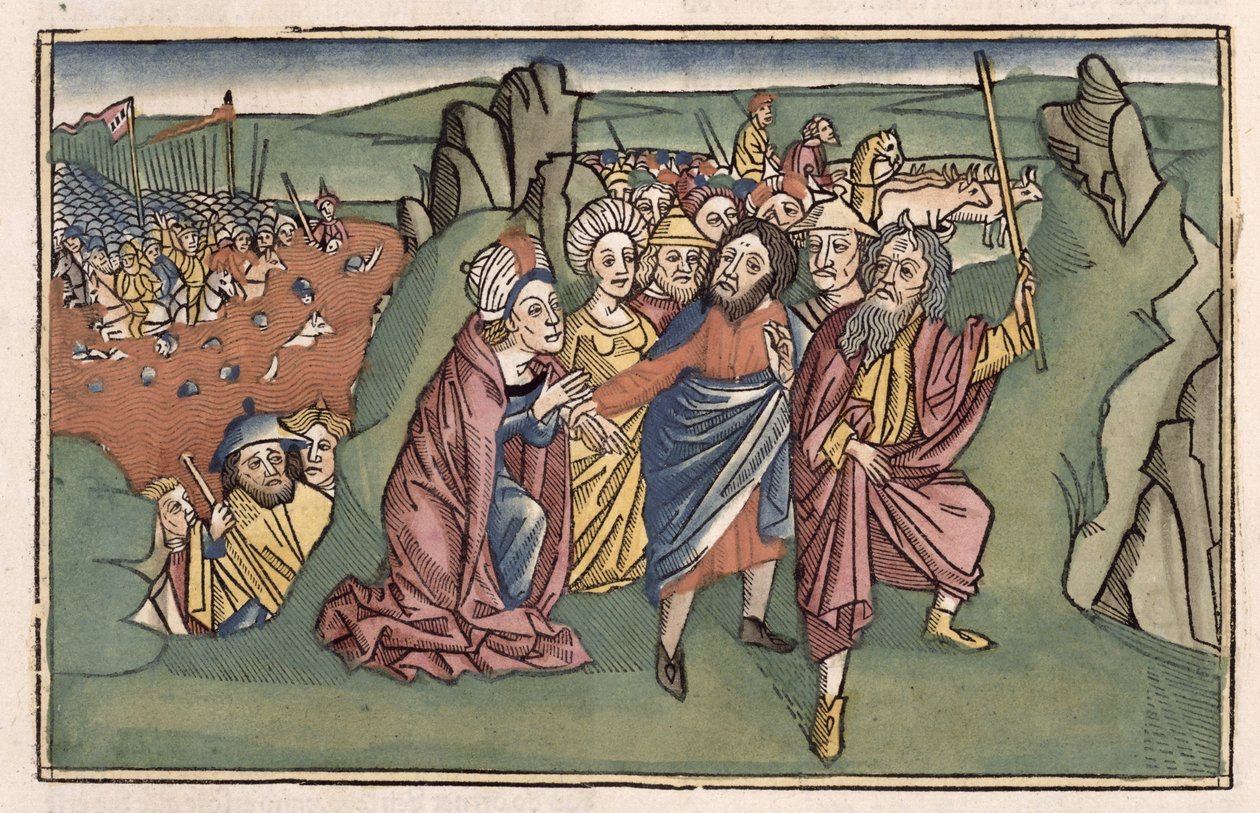 Wyjścia 14 Mojżesz i Izraelici przechodzący przez Morze Czerwone, z Biblii Norymberskiej (Biblia Sacra Germanaica) (kolorowy drzeworyt) autorstwa German School