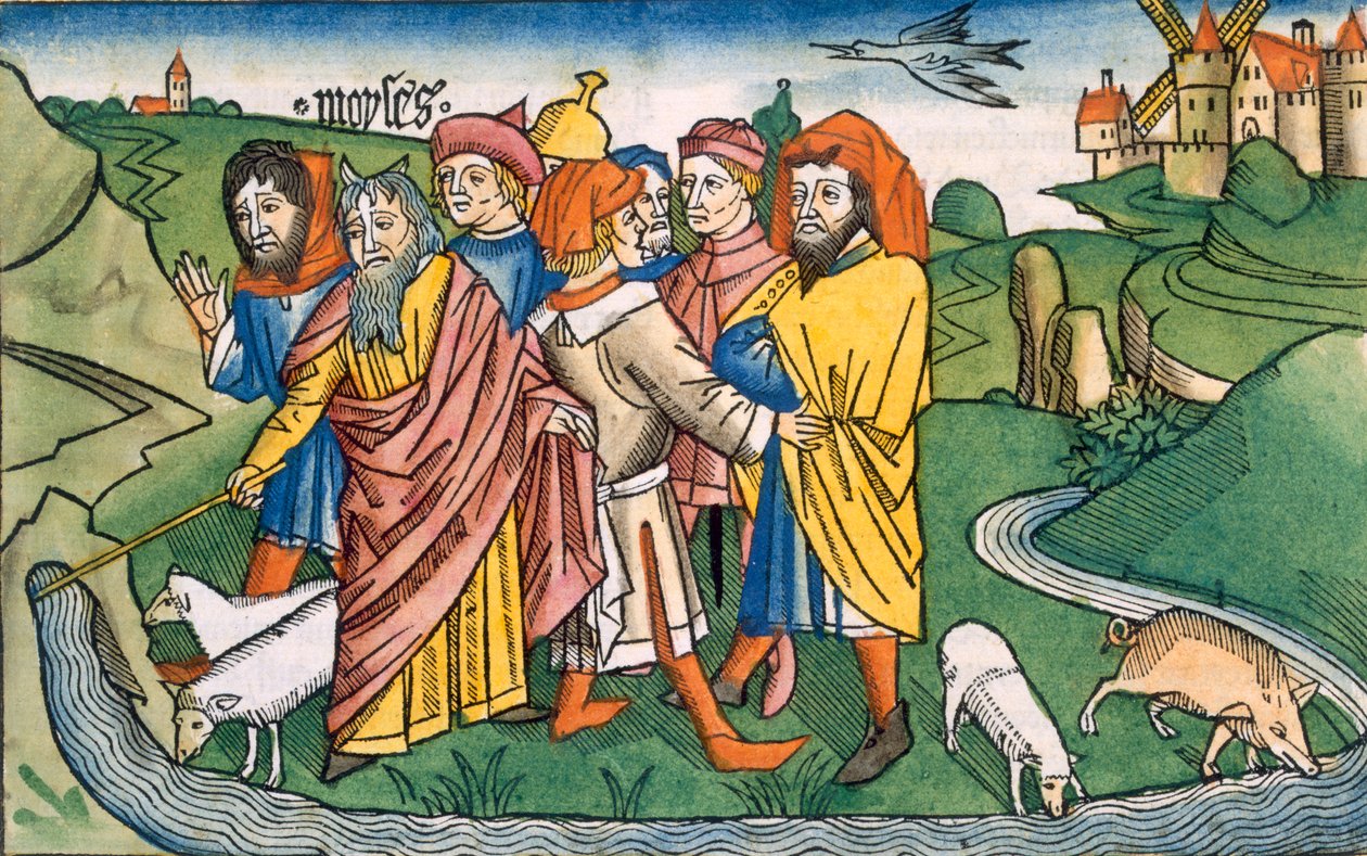 Exodus 17 1-7 Mojżesz sprawia, że woda wypływa ze Skał Hareb, z Biblii Norymberskiej (Biblia Sacra Germanaica) (kolorowy drzeworyt) autorstwa German School