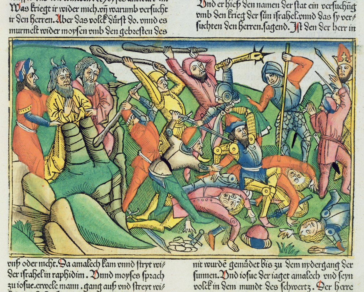 Exodus 17 8-15 Aaron i Hur wspierają ręce Mojżesza, aby zapewnić Izraelitom zwycięstwo nad Amalekitami, z Biblii Norymberskiej (Biblia Sacra Germanaica) (kolorowy drzeworyt) autorstwa German School