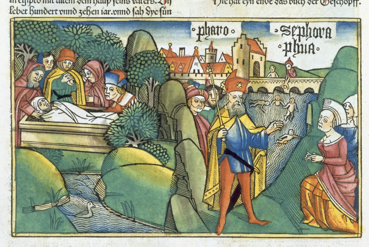 Wj 18 1 15-22 Pogrzeb Józefa i historia położnych hebrajskich z „Biblii Norymberskiej (Biblia Sacra Germanaica)” (drzeworyt kolorowy) autorstwa German School