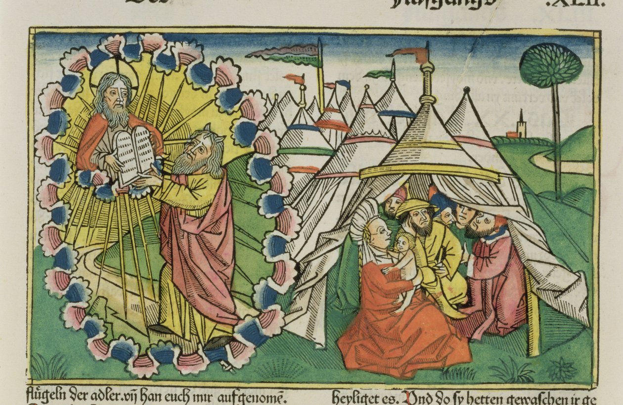Exodus 20 1-5 Mojżesz otrzymujący Dziesięć Przykazań z Biblii Norymberskiej (Biblia Sacra Germanaica) (kolorowy drzeworyt) autorstwa German School
