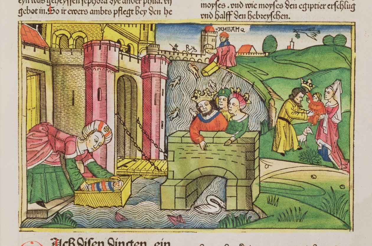 Exodus 2 1-6 Mojżesz spławiany po Nilu i odkryty przez jedną z żon faraonów, z Biblii norymberskiej (Biblia Sacra Germanaica) (kolorowy drzeworyt) autorstwa German School