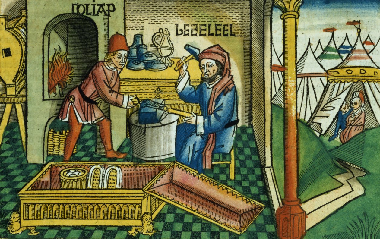 Wyjścia 31 2-8 Becalel i Oholiab robiący Arkę Przymierza, z Biblii Norymberskiej (Biblia Sacra Germanaica) (kolorowy drzeworyt) autorstwa German School