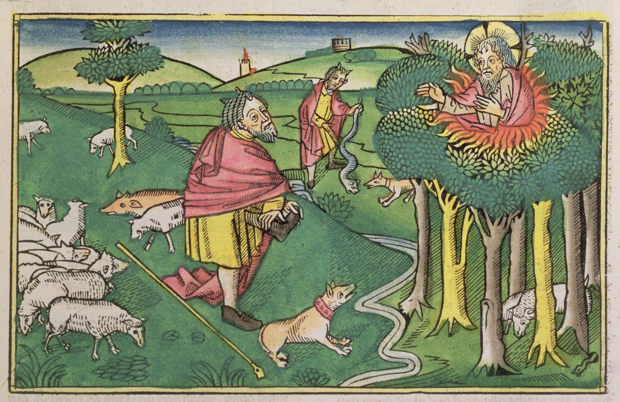 Wyjścia 3 1-22 Płonący krzew i Wyjścia 4 1-4 Bóg uzbraja Mojżesza w cudowną laskę, z Biblii Norymberskiej (Biblia Sacra Germanaica) (kolorowy drzeworyt) autorstwa German School