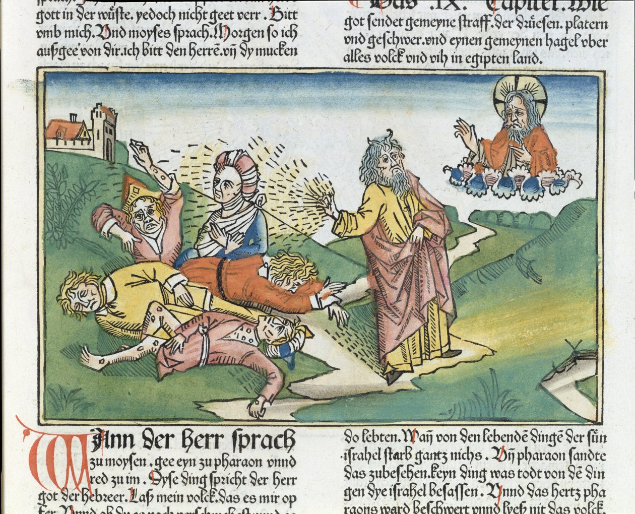 Wyjścia 9 8-12 Siedem plag egipskich: Mojżesz i plaga czyraków, z Biblii Norymberskiej (Biblia Sacra Germanaica) (kolorowy drzeworyt) autorstwa German School