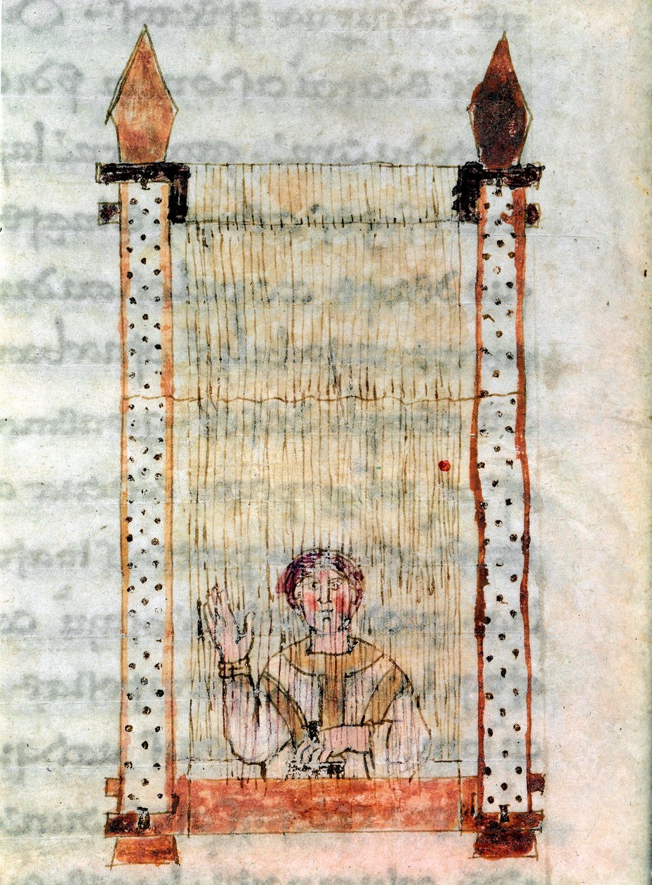Praca z tkaninami. Tkalnia. Miniatura zaczerpnięta z rękopisu „De Universo” lub „De rerum naturis” (Z natury rzeczy) autorstwa Rabanus Maurus Magnentius (lub Raban Maur lub Rabano Mauro, ok. 780-856). IX wiek. Archiwum Opactwa na Monte Cassino (Mo autorstwa German School