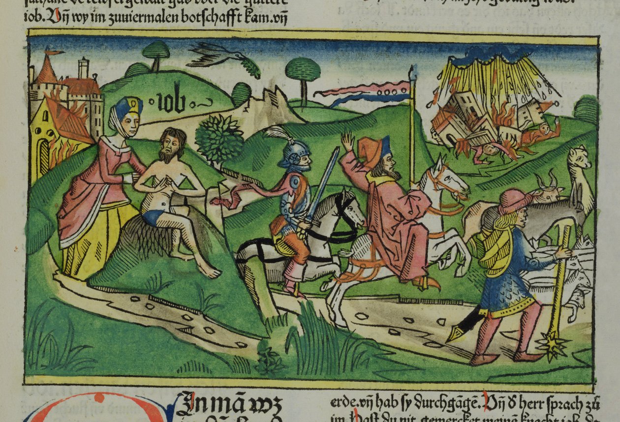 Faksymile Hioba: Frontyspis, Hiob zbesztany przez żonę, jego dom i rodzina zniszczone przez huragan i skradziony inwentarz, z Biblii Norymberskiej (Biblia Sacra Germanaica) (kolorowe autorstwa German School
