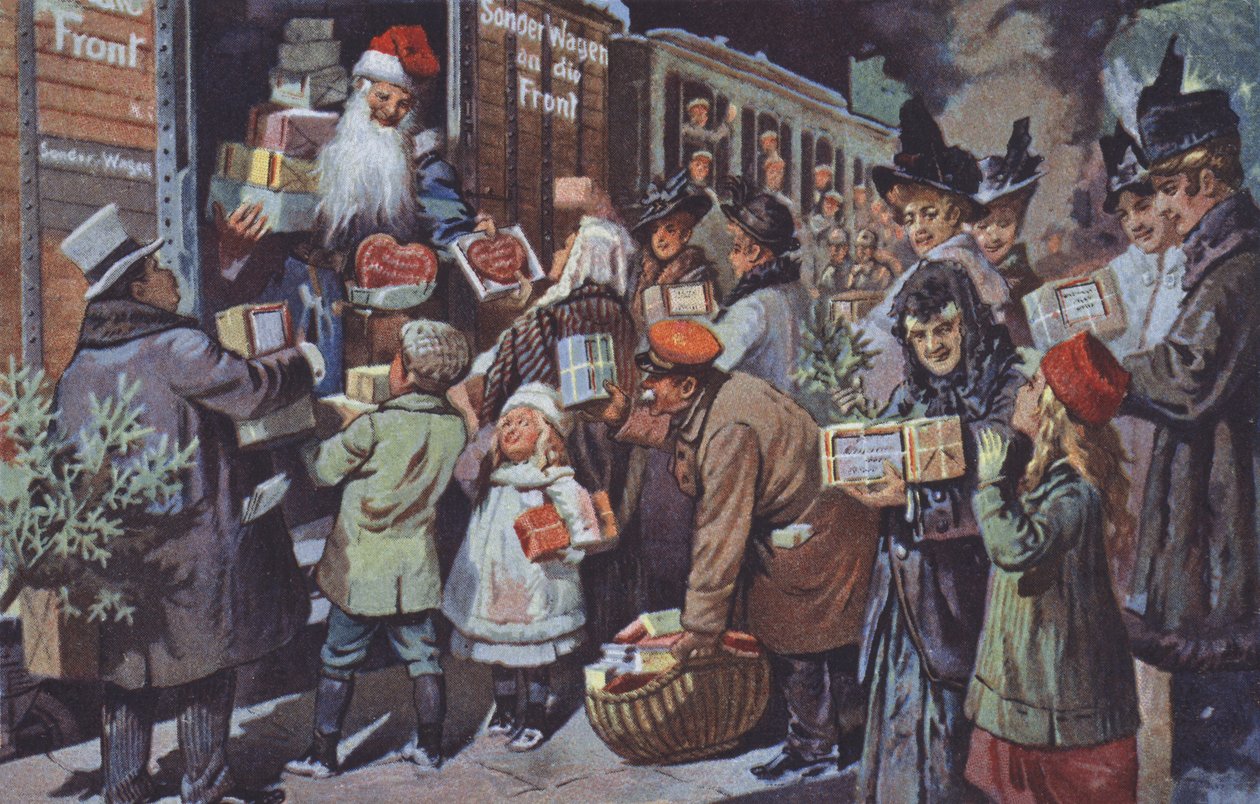 Ojciec Gwiazdka ładujący paczki z prezentami do pociągu, aby przewieźć je do niemieckich żołnierzy na froncie, I wojna światowa (kolorowa litografia) autorstwa German School