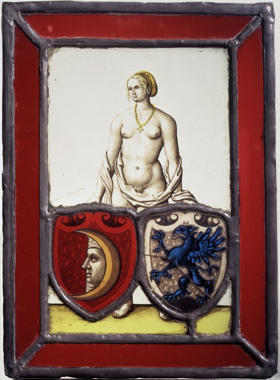 Akt kobiecy podtrzymujący dwie tarcze herbowe, ok. 1535 r. (metal garncarski, szkło błyskowe i przezroczyste, żółta bejca i czarna farba szklista) autorstwa German School