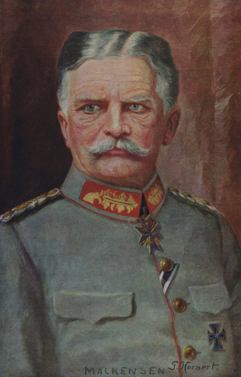 Feldmarszałek August von Mackensen, niemiecki dowódca wojskowy z czasów I wojny światowej (kolorowa litografia) autorstwa German School