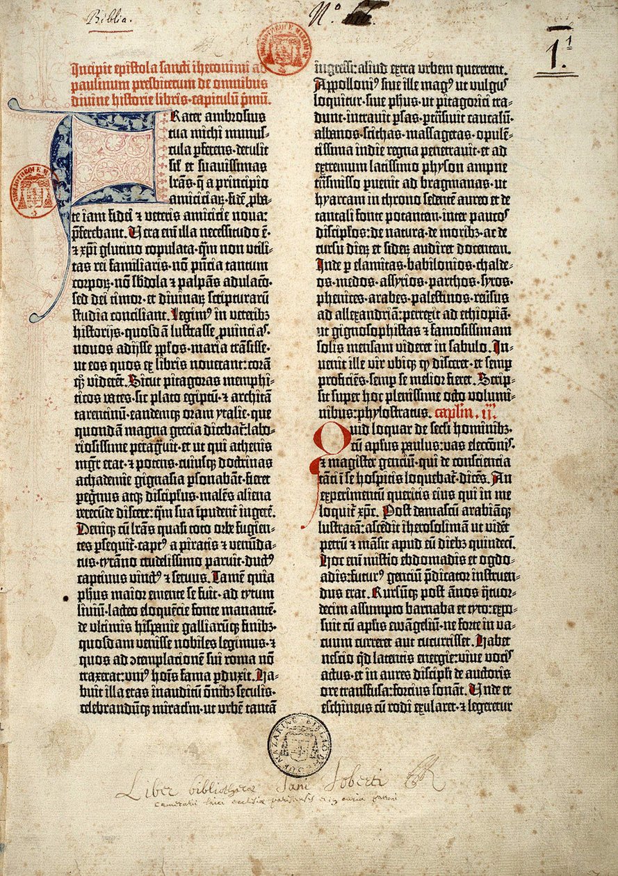 Pierwsza strona Biblii po łacinie (wulgata) Gutenberga sporządzona w Moguncji 1452 - 1454. Początek epitretu św. Hieronima do księdza Paulina zajmującego się wszystkimi księgami Pisma Świętego. autorstwa German School