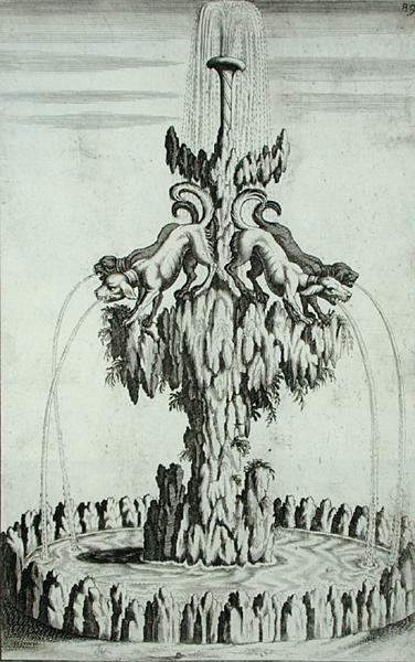 Fontanna z psami, z „Architectura Curiosa Nova”, Georg Andreas Bockler (1617-85), wydana 1704 (rycina) autorstwa German School
